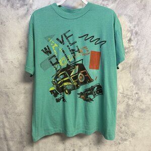 Vintage 90s Wave Round Surf T Shirt Mens XL Teal Woody Car Surfing